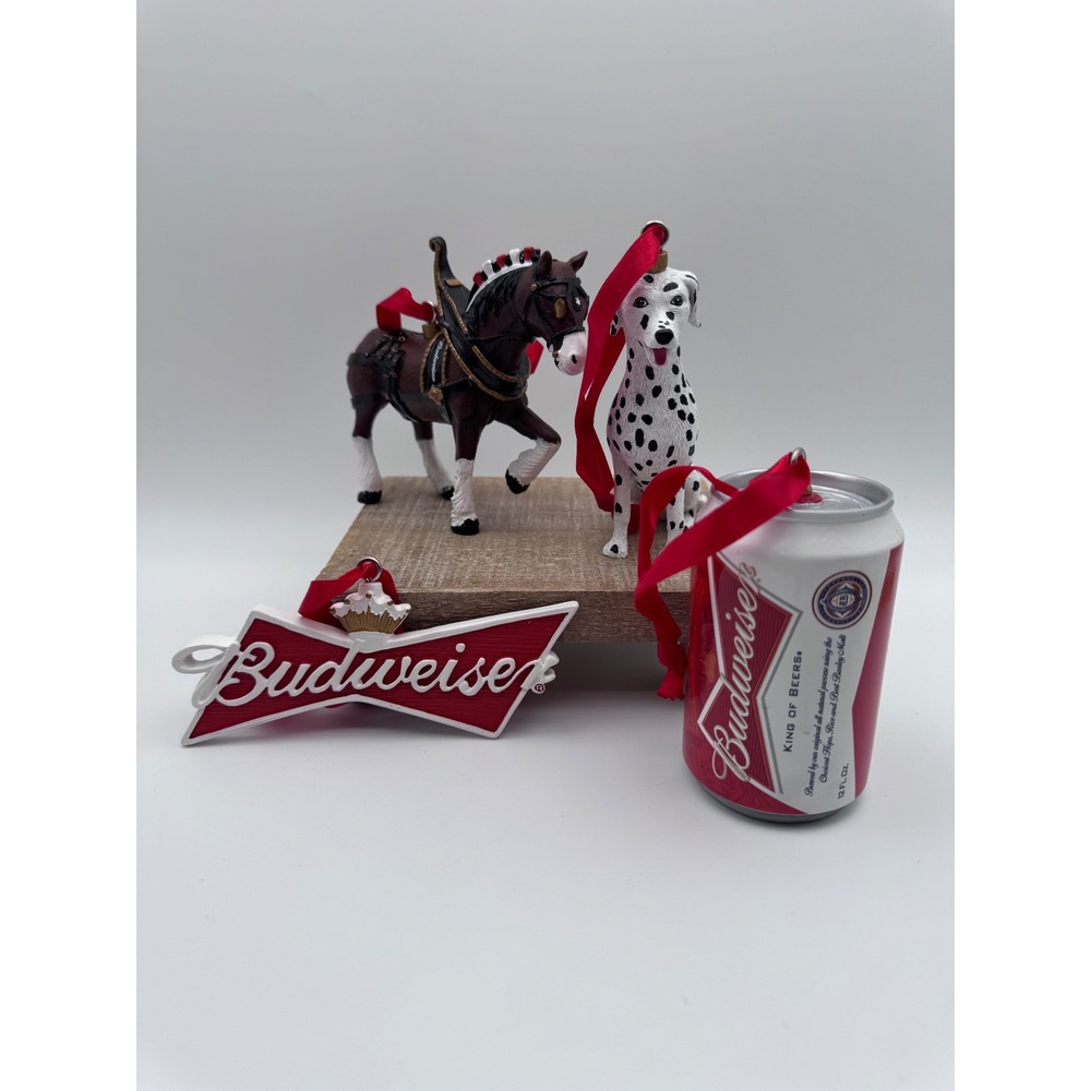 Budweiser Christmas Ornaments Set 4pc Clydesdale Dalmatian Beer Can Bowtie Logo